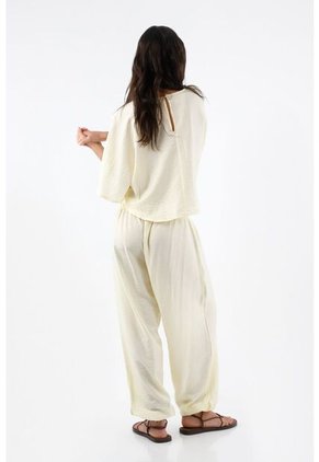 Tennis Pantalón Para Mujer De Viscosa Marfil Fit Relajado Con Textura Crinkle