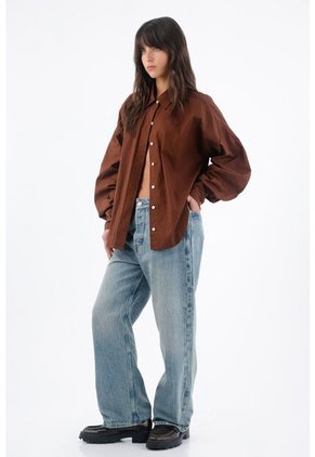 Tennis Camisa Para Mujer Algodón Marrón Corte Holgado Con Mangas Abullonadas