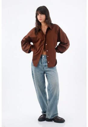 Tennis Camisa Para Mujer Algodón Marrón Corte Holgado Con Mangas Abullonadas