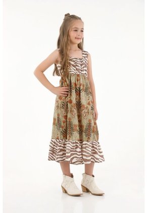 Vestido Largo Con Mix De Estampados Para Niña