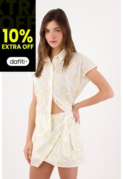 Tennis Falda Mini Con Nudo Lateral En Algodón Blanco Y Amarillo Para Mujer