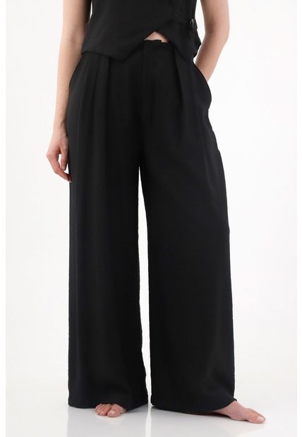 Tennis Pantalón Wide Leg Con Tablas Negro Para Mujer