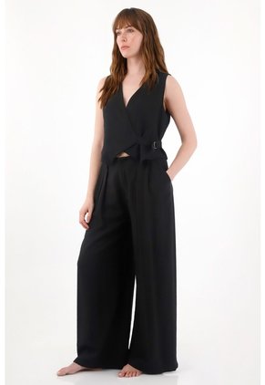 Tennis Pantalón Wide Leg Con Tablas Negro Para Mujer