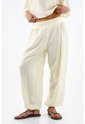 Tennis Pantalón Para Mujer De Viscosa Marfil Fit Relajado Con Textura Crinkle