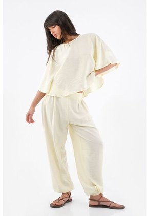 Tennis Pantalón Para Mujer De Viscosa Marfil Fit Relajado Con Textura Crinkle