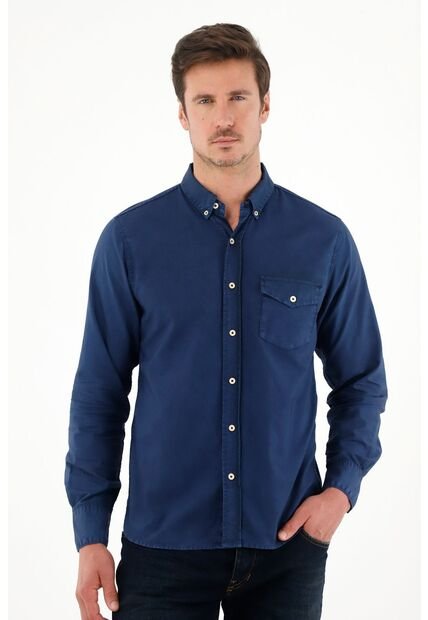 Tennis Camisa De Silueta Clásica Manga Larga Azul Para Hombre