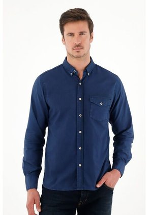 Tennis Camisa De Silueta Clásica Manga Larga Azul Para Hombre