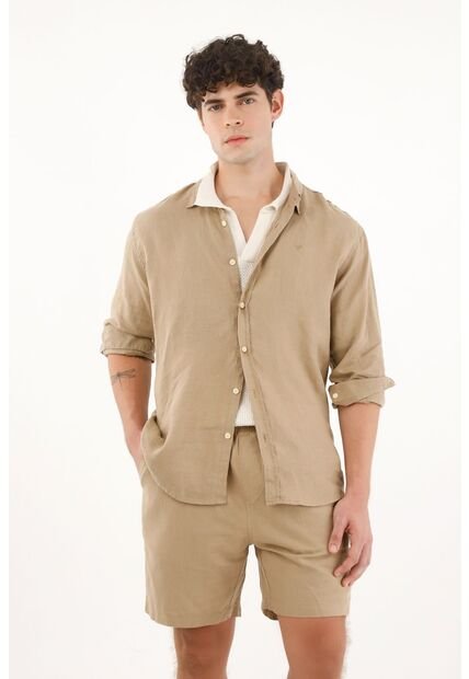 Camisa Café Manga Larga 100% Lino Para Hombre