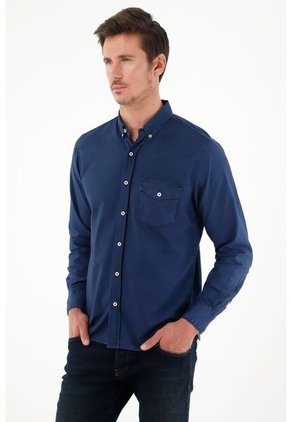 Tennis Camisa De Silueta Clásica Manga Larga Azul Para Hombre