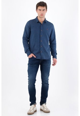 Tennis Camisa Manga Larga Regular Fit Con Micro Estampado En Algodón Azul Para Hombre Tennis