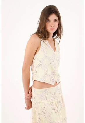 Tennis Chaleco Corto Con Encaje Floral Calado En Algodón Amarillo Pastel Para Mujer