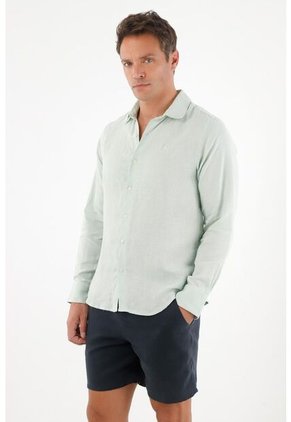 Tennis Camisa En 100% Lino Manga Larga Verde Con Estructura Ligera Para Hombre