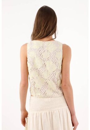 Tennis Chaleco Corto Con Encaje Floral Calado En Algodón Amarillo Pastel Para Mujer