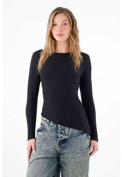 Camiseta Tejida Ajustada Negra Para Mujer
