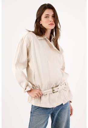 Tennis Cazadora Fit Relajado Con Cinturón De Algodón Beige Para Mujer