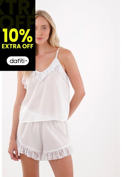 Tennis Pijama De Short Con Detalles De Encaje Blanca Para Mujer