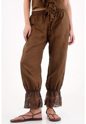 Tennis Pantalón Con Elástico Y Encaje En Bota Café Para Mujer