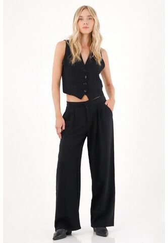 Tennis Pantalón Recto Con Prenses En Frente Negro Para Mujer Tennis