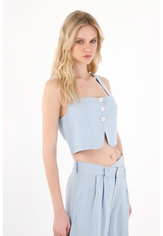 Tennis Chaleco En 100% Lino Crop Azul Para Mujer Tennis