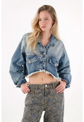 Tennis Chaqueta Crop Con Ruedo Al Corte En Denim Para Mujer