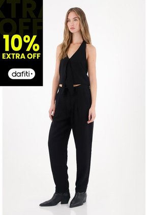Tennis Pantalón De Tela Fluida Semi Ajustada Negro Para Mujer