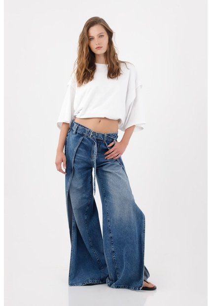 Tennis Jeans Wide Leg Con Aberturas Laterales En Denim Para Mujer