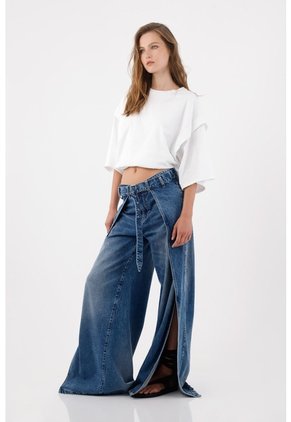 Tennis Jeans Wide Leg Con Aberturas Laterales En Denim Para Mujer