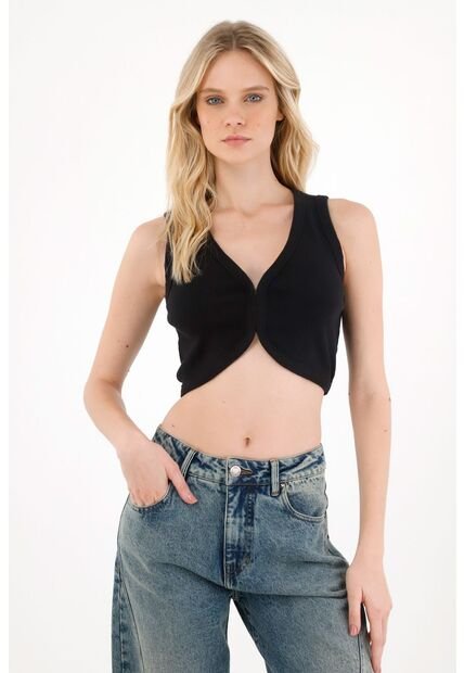 Tennis Camiseta En Rib Con Ajuste De Broches Negra Para Mujer