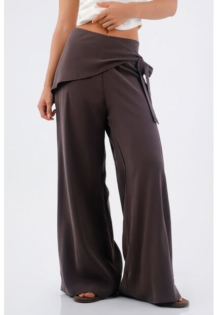 Tennis Pantalón Para Mujer De Tejido Fluido Marrón Palazzo Con Cintura Cruzada