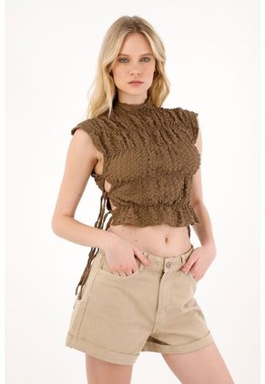 Tennis Short En Dril Tiro Alto Crudo Para Mujer