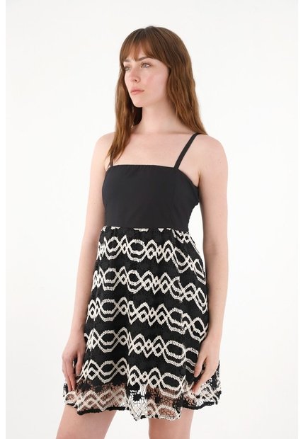 Tennis Vestido Corto Con Volumen Y Falda Tejida Negro Para Mujer