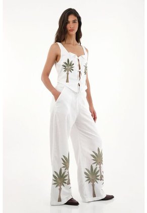 Tennis Pantalón Wide Leg Blanco Con Bordado En Bota Para Mujer