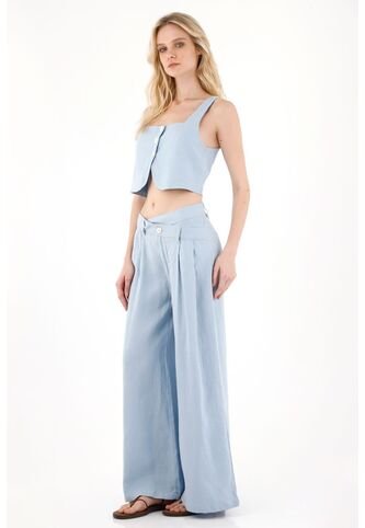 Tennis Pantalón En 100% Lino Azul Para Mujer Tennis