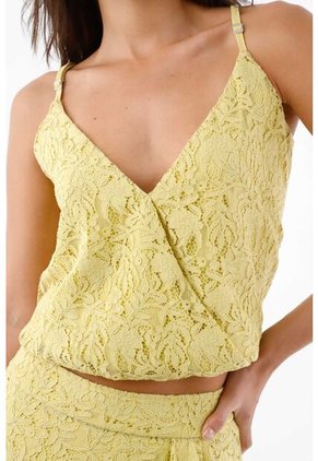 Tennis Top De Tiras Para Mujer En Encaje De Algodón Amarillo Fit Relajado Con Escote Cruzado