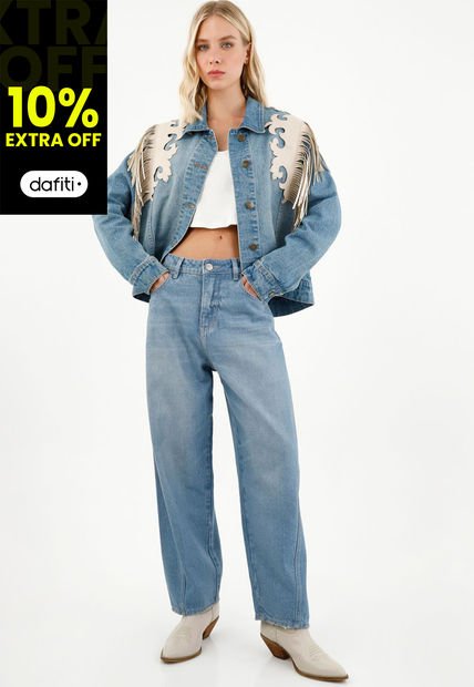 Chaqueta Con Flecos Azul Para Mujer