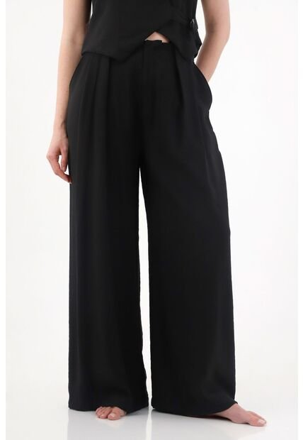 Tennis Pantalón Wide Leg Con Tablas Negro Para Mujer