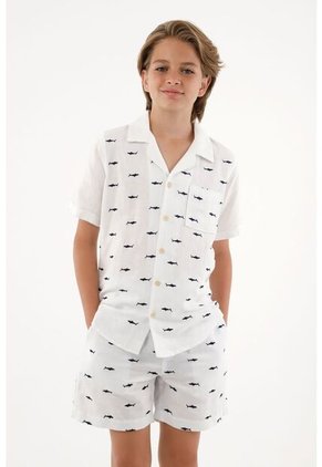Camisa Tipo Bowling Con Bordado De Tiburones Para Niño