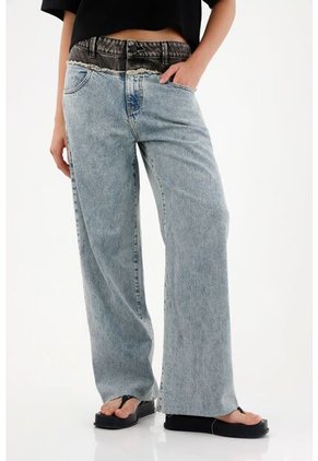 Tennis Jean Wide Leg De Tiro Alto Con Pretina En Contraste Para Mujer