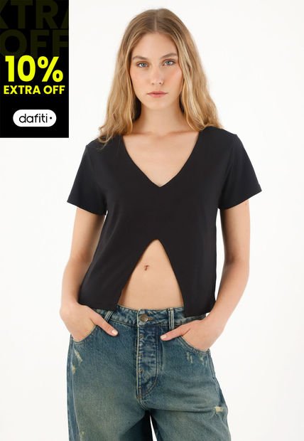 Camiseta Manga Corta Con Abertura En Delantero Negra Para Mujer