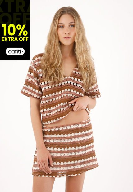 Camisa Manga Corta En Mix De Telas Crudo Para Mujer