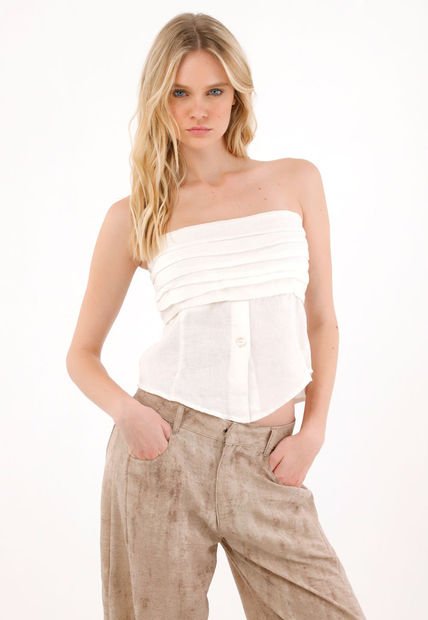 Camisa Strapless Con Diseño De Tablas Crudo Para Mujer