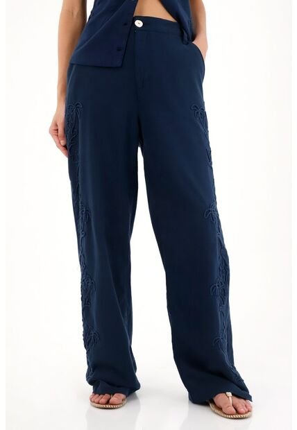 Tennis Pantalón Recto Con Detalles Bordados Azul Para Mujer