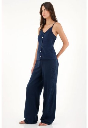 Tennis Pantalón Recto Con Detalles Bordados Azul Para Mujer