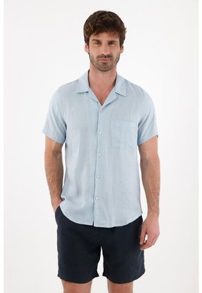 Tennis Camisa Tipo Bowling En Lino Azul Para Hombre