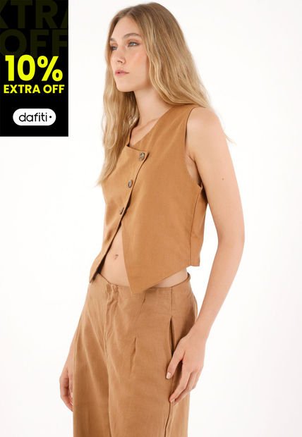 Chaleco En 100% Lino De Diseño Cruzado Café Para Mujer