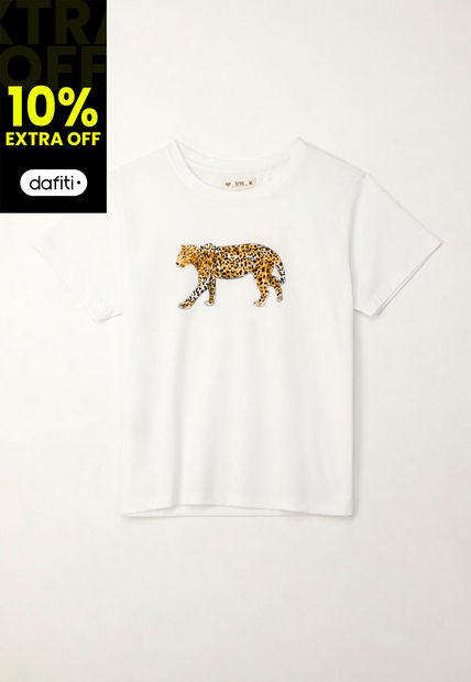 Camiseta Estampada Cuello Redondo Blanca Para Mujer