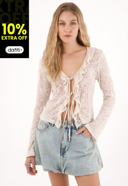 Camiseta En Tela Tipo Encaje Con Escote En V Crudo Para Mujer