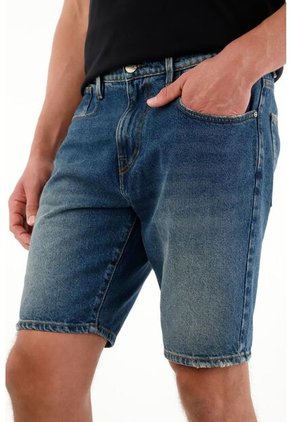 Tennis Bermuda Fit Recto Con Lavado Vintage En Denim De Algodón Azul Medio Para Hombre