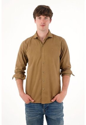 Camisa Manga Larga Café Para Hombre