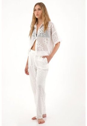 Tennis Pantalón Recto En Tela Bordada Crudo Para Mujer